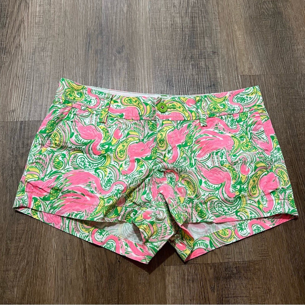 Lilly Pulitzer Neon Flamingo Print Walsh Shorts Size 4 Preppy Vacation Fun